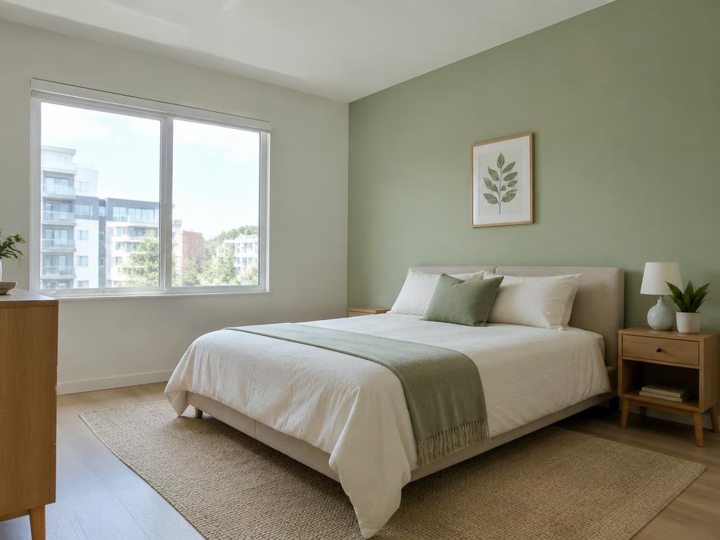 Quarto de apartamento acabado de pintar com parede verde-salva