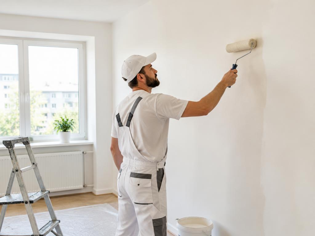 Pintor profissional a pintar uma parede interior com rolo