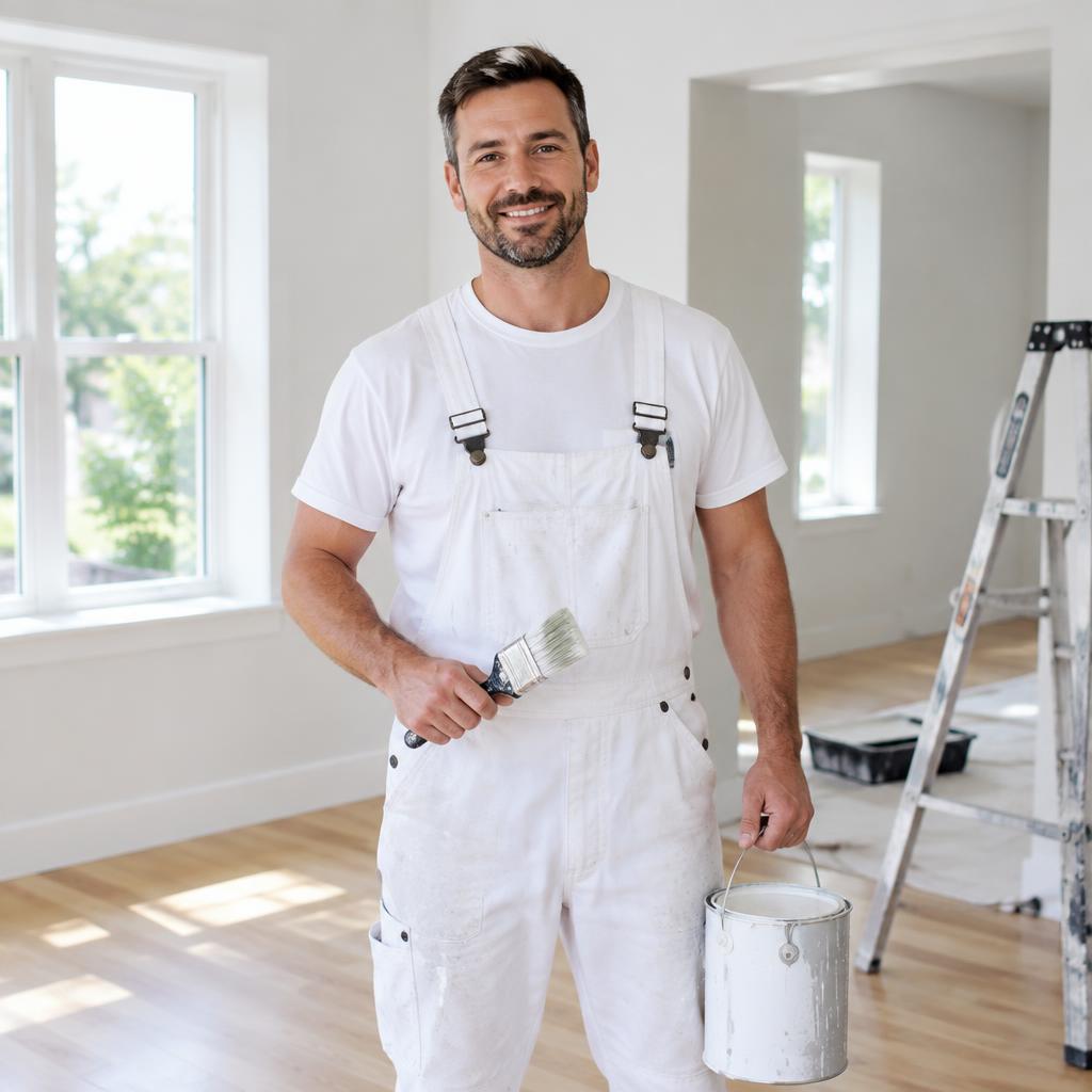 Pintor profissional independente com pincel e lata de tinta